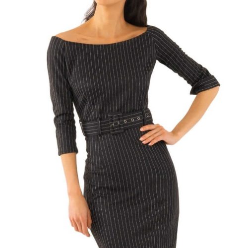 Bateau Neck Stretch Dress - Pinstripe - Final Sale Black