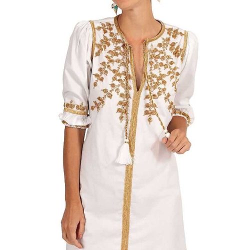 Hand Embroidered Cotton Cleopatra Dress - La Di Da - Final Sale White Gold