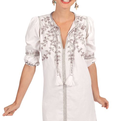 Hand Embroidered Cotton Cleopatra Dress - La Di Da - Final Sale White Silver