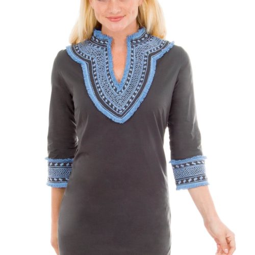 Cotton Embroidered Dress - Fringe Binge Charcoal Blue