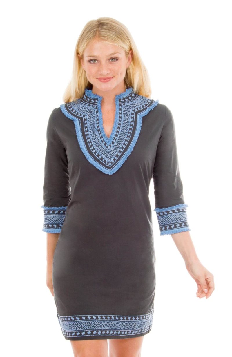 Cotton Embroidered Dress - Fringe Binge Charcoal Blue