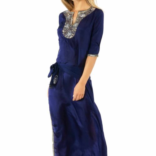 Silk Beaded Dress With Sash - Starry Night - Final Sale Navy Silver