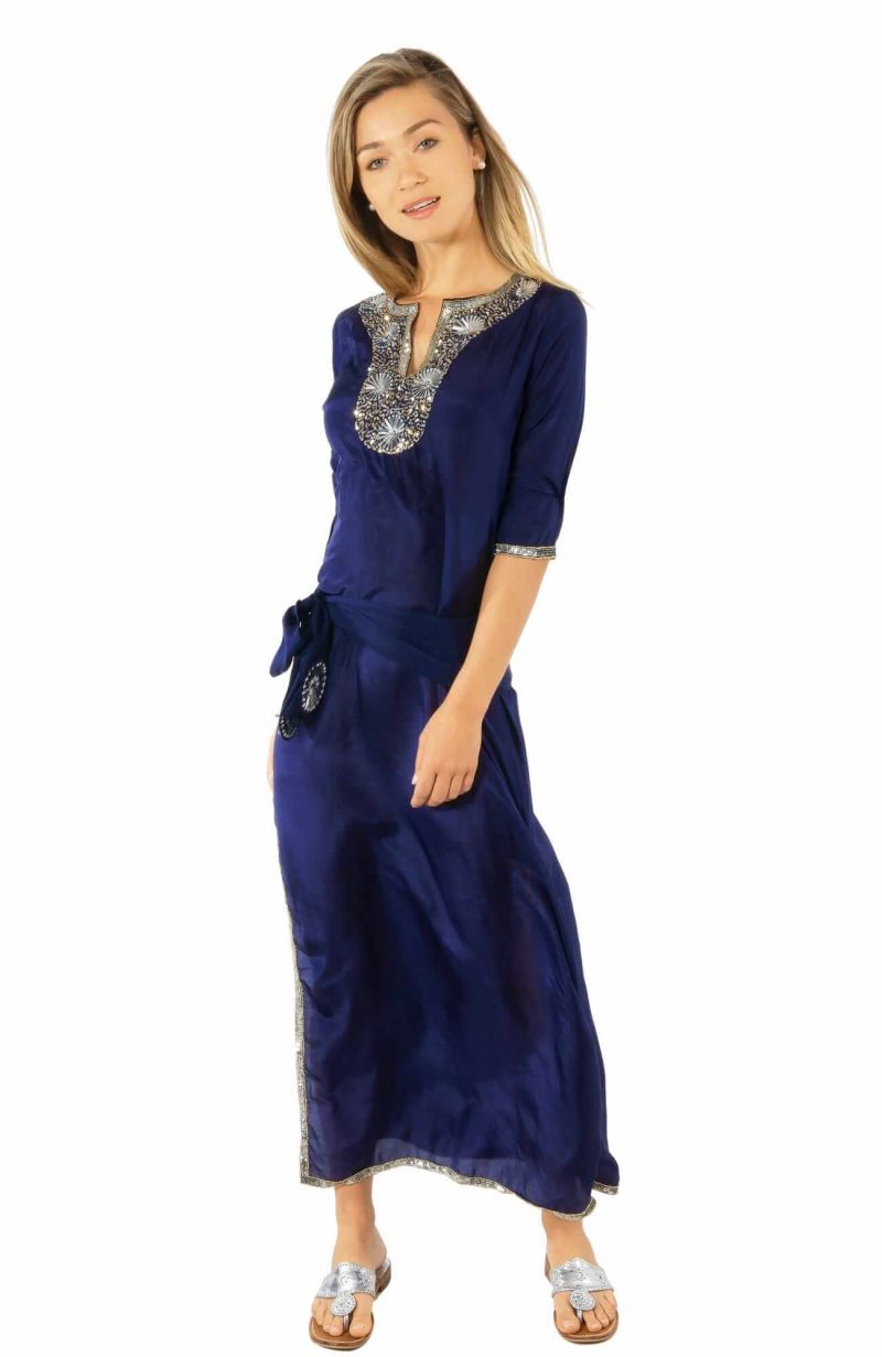 Silk Beaded Dress With Sash - Starry Night - Final Sale Navy Silver