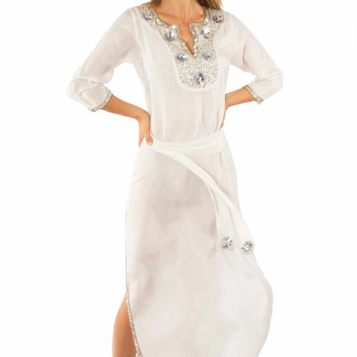 Silk Beaded Dress With Sash - Starry Night - Final Sale White Silver