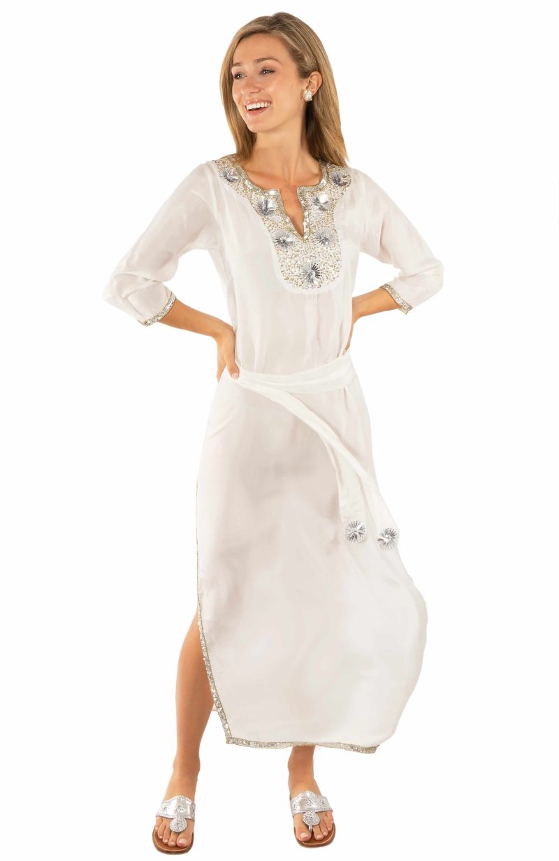 Silk Beaded Dress With Sash - Starry Night - Final Sale White Silver