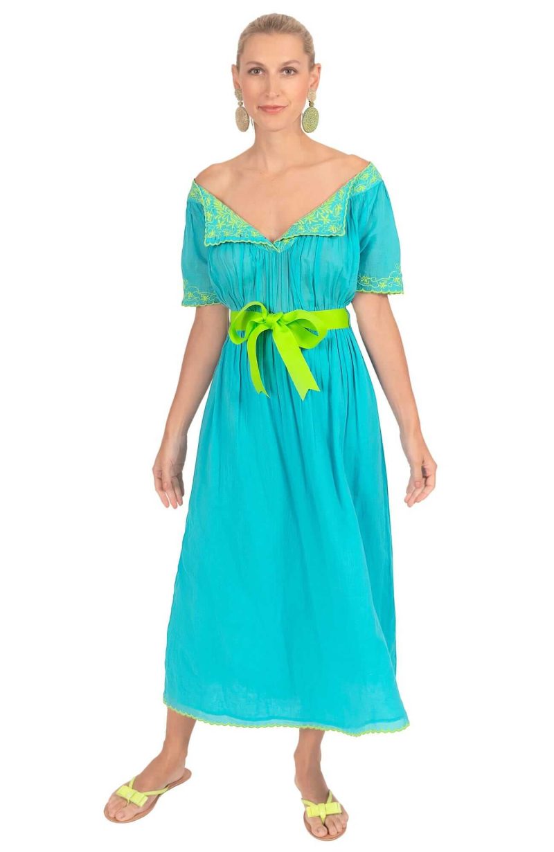 Cotton Embroidered Midi/Maxi Dress - Brideshead Turquoise Lime