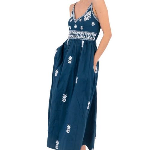 Hand Embroidered Midi Dress - Fiesta Time Navy White