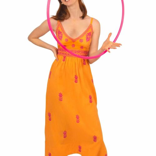 Hand Embroidered Midi Dress - Fiesta Time Orange Pink