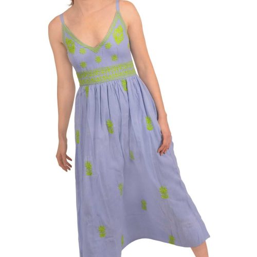 Hand Embroidered Midi Dress - Fiesta Time Periwinkle Lime