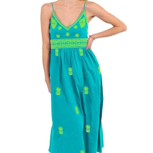 Hand Embroidered Midi Dress - Fiesta Time Turq Lime