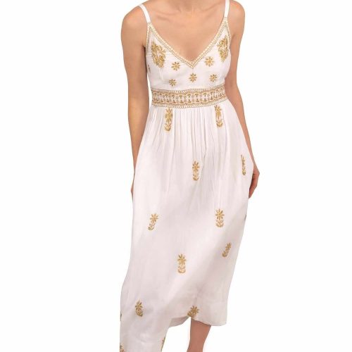 Hand Embroidered Midi Dress - Fiesta Time White Gold