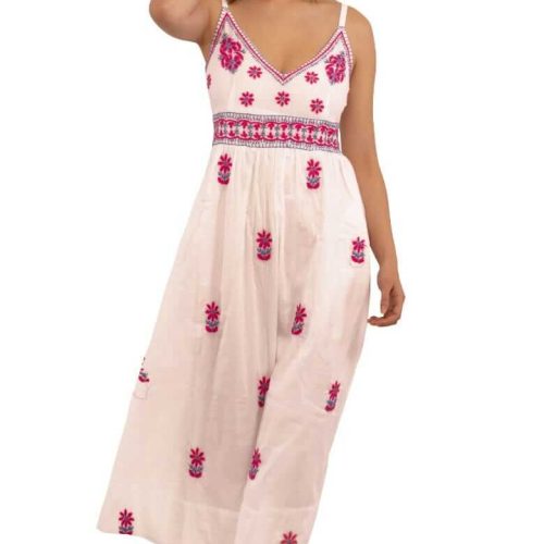 Hand Embroidered Midi Dress - Fiesta Time White