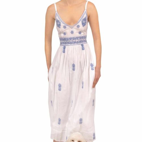 Hand Embroidered Midi Dress - Fiesta Time White Peri