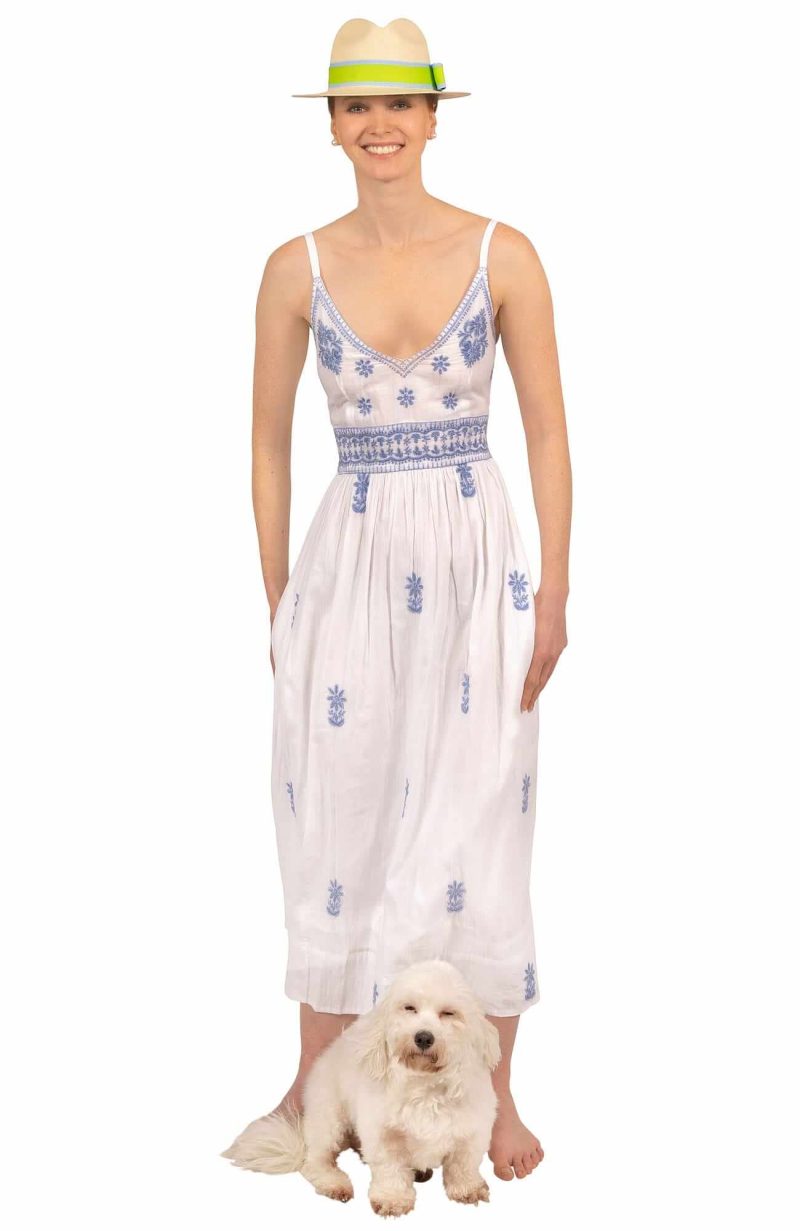 Hand Embroidered Midi Dress - Fiesta Time White Peri