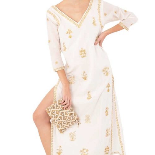 Hand Embroidered Cotton Upsa Daisy Caftan Gold