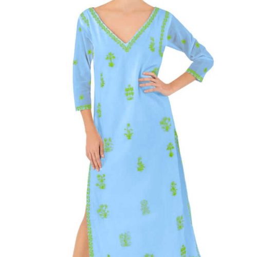 Hand Embroidered Cotton Upsa Daisy Caftan - Final Sale Periwinkle Lime