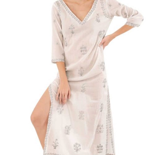 Hand Embroidered Cotton Upsa Daisy Caftan Silver