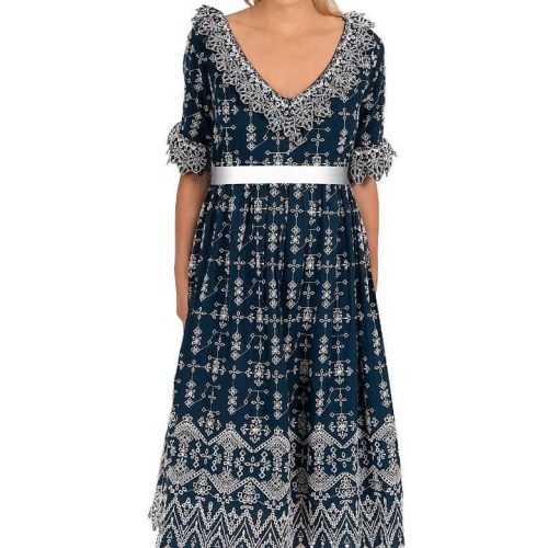 Cotton Bridgerton Midi Dress - La Di Da Navy White