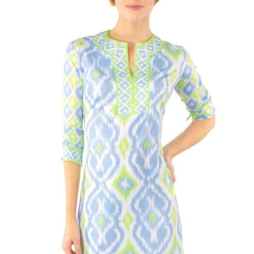 Jersey Split Neck Dress Kitt Ikat - Final Sale Periwinkle Lime