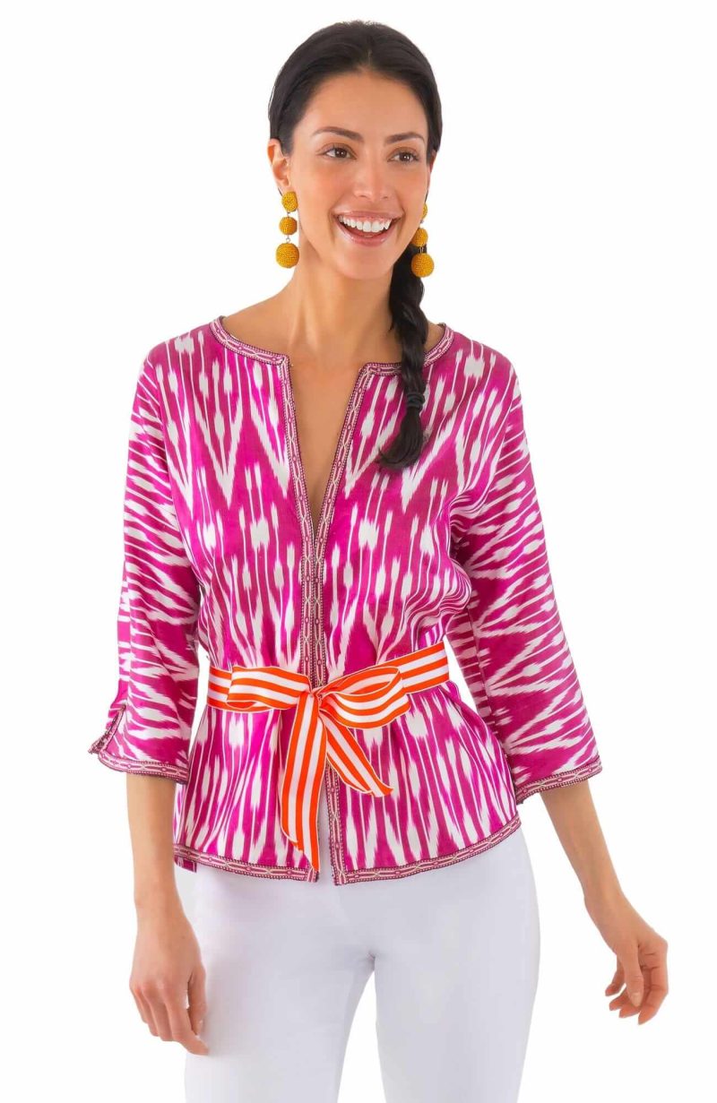 Hand Woven Silk Ikat Jacket Pink White