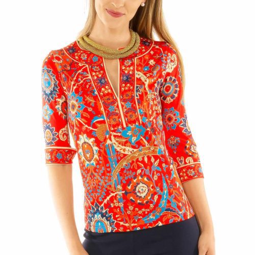 Jersey Split Neck Tunic - Magic Carpet - Final Sale Red Multi