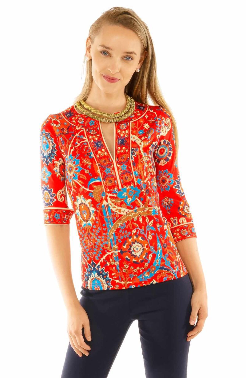 Jersey Split Neck Tunic - Magic Carpet - Final Sale Red Multi