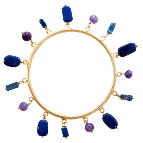 "Stone Charmer" Gemstone Charm Bangle Bracelet Gold Lapis ONE SIZE