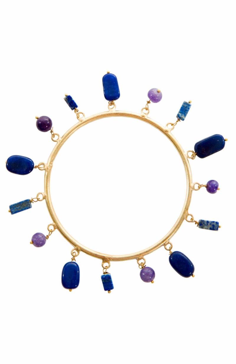 "Stone Charmer" Gemstone Charm Bangle Bracelet Gold Lapis ONE SIZE