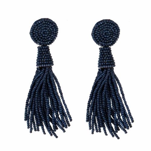 Beaded Glass Clip Tassel Earrings - Johannesburg Navy One Size