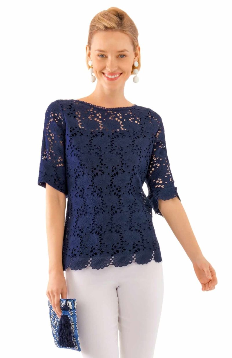 Daisy Embroidered Eyelet Top - Final Sale Navy