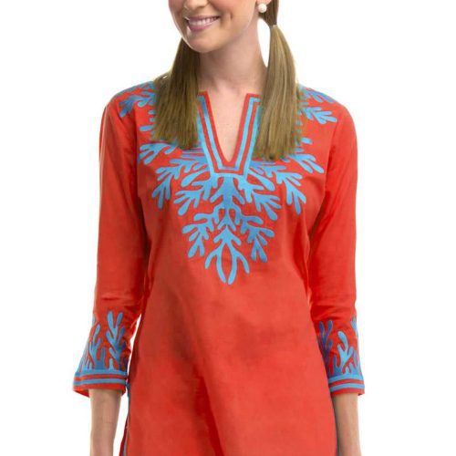 Cotton Embroidered Tunic - The Reef Coral Turq