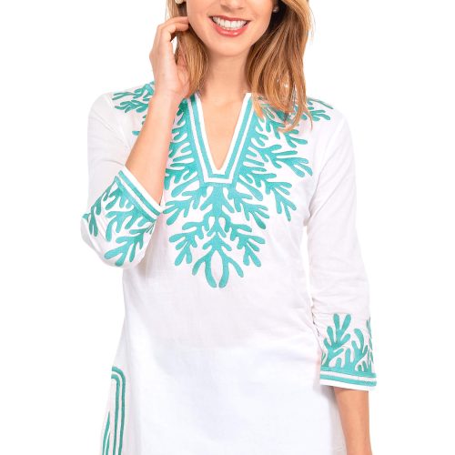 Cotton Embroidered Tunic - The Reef White Turq