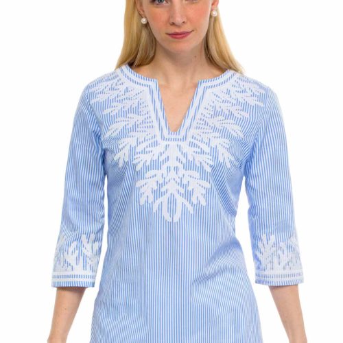 Embroidered Pinstripe Tunic - The Reef Blue White