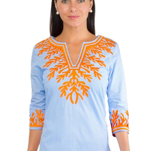 Embroidered Pinstripe Tunic - The Reef Peri Orange