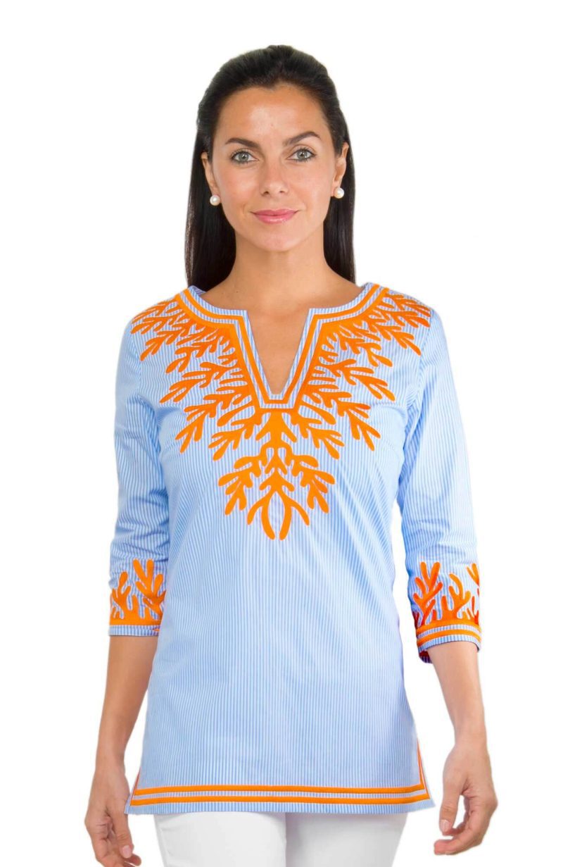 Embroidered Pinstripe Tunic - The Reef Peri Orange