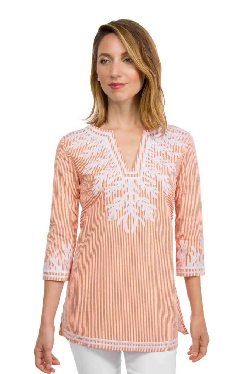 Embroidered Pinstripe Tunic - The Reef Coral White