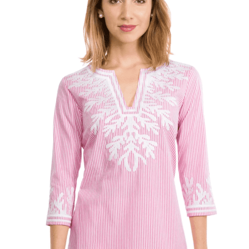 Embroidered Pinstripe Tunic - The Reef Pink White