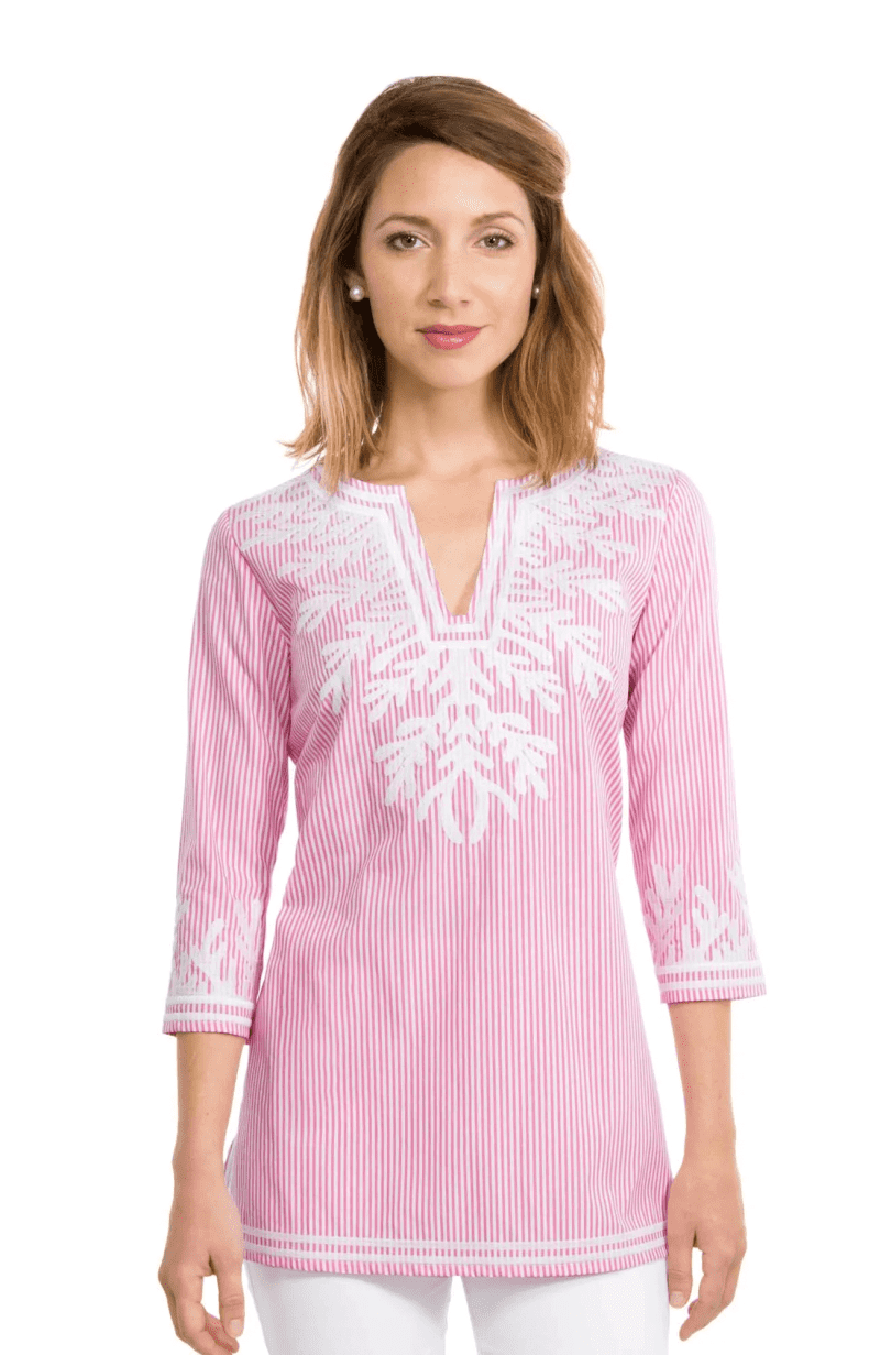 Embroidered Pinstripe Tunic - The Reef Pink White