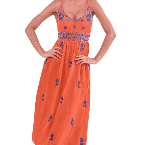 Hand Embroidered Midi Dress - Fiesta Time Coral Peri