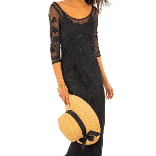 Mesh Embroidered Midi/Maxi Dress with Slip - Ikebana Black Black