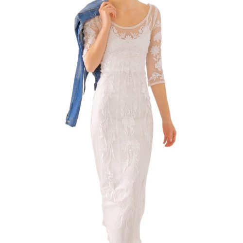 Mesh Embroidered Midi/Maxi Dress with Slip - Ikebana White White