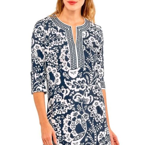 Split Neck Dress - Flora Navy