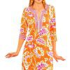 Split Neck Dress - Flora Orange Pink