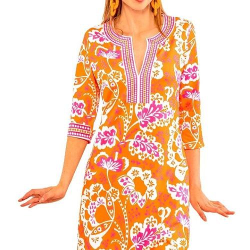 Split Neck Dress - Flora Orange Pink