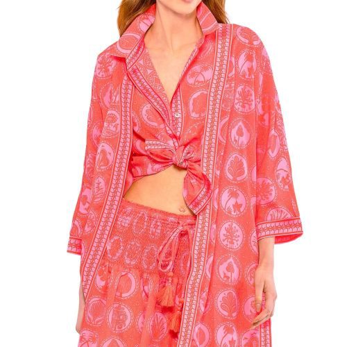 Poly Crepe Kimono - Circle of Love Pink Red