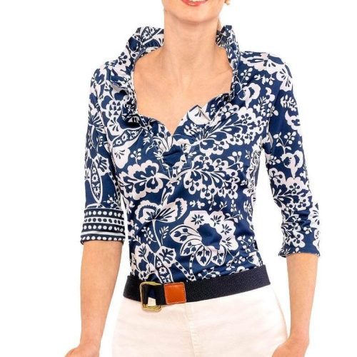 3/4 Sleeve Ruffneck Top - Flora Navy