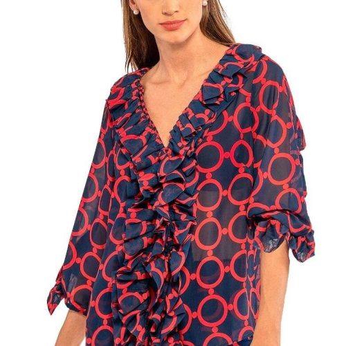 Rufflestiltskin Blouse - Dip & Dot Navy Red