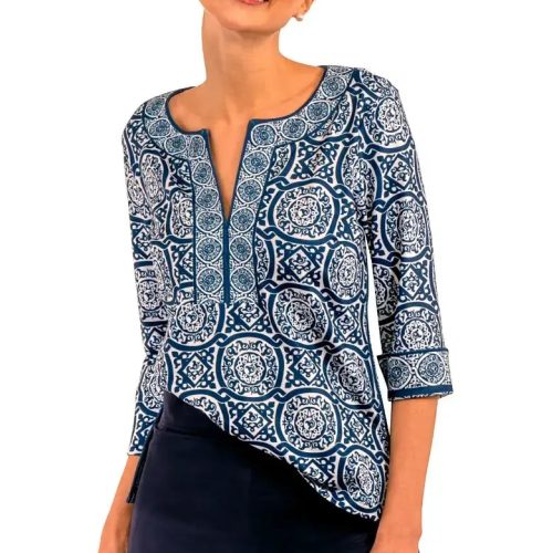 Jersey Split Neck Tunic - Sultan's Dining Room Navy White