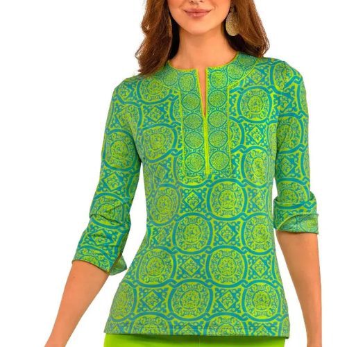 Jersey Split Neck Tunic - Sultan's Dining Room Turq Lime