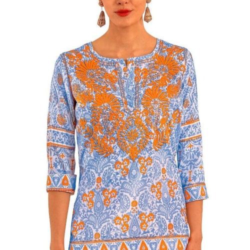 Silk Hand Embroidered Tunic - East India Periwink Orange